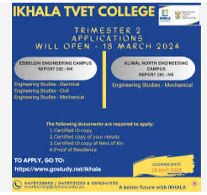 Welcome to Ikhala TVET College! As we gear up for the 2024/2025 academic year, it’s time to explore the second trimester registration process. Whether you’re a new student or continuing your studies, understanding the registration requirements is crucial.

Understanding Ikhala TVET College 2nd Trimester Registration 2024/2025: An Overview
The second trimester at Ikhala TVET College offers exciting opportunities for personal and professional growth. Let’s delve into the details:

What is Ikhala TVET College 2nd Trimester Registration 2024/2025?
The second trimester registration allows students to enroll in courses, access resources, and participate in a dynamic learning environment. It’s a chance to shape your educational journey and gain valuable skills.

The Importance of Ikhala TVET College 2nd Trimester Registration 2024/2025
Continuity: For existing students, registering ensures a seamless transition from the previous trimester.
New Beginnings: New students can kickstart their academic adventure by registering for relevant programs.
Access to Facilities: Registration grants access to libraries, labs, and other essential facilities.
Timely Planning: Register early to plan your study schedule effectively.
Ikhala TVET College 2nd Trimester Registration 2024/2025
To register for the second trimester, follow these steps:

Choose a qualification: Select the program that aligns with your goals.
Gather your documents: Ensure you have all necessary paperwork.
Application form: Complete the application form (whether manual or online).
Application fee: Pay any applicable fees.
Submit your form and documents (for manual applications).
For online applications, visit the Ikhala TVET College website and follow the instructions. Remember to provide accurate contact information for communication regarding your application status.

Address and Contact Information
For campus locations and contact details, visit the official Ikhala TVET College website.

Conclusion
The second trimester at Ikhala TVET College is a gateway to knowledge, skills, and growth. Don’t miss out—register today and embark on an exciting educational journey!