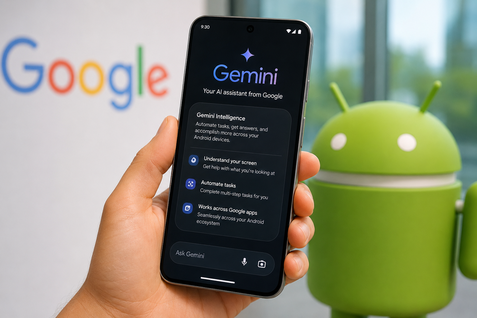 Google announces Gemini Intelligence for Android, bringing AI-powered automation, smarter Chrome features, and proactive assistance later this year.